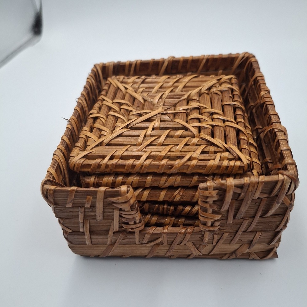 Vintage Woven Rattan Coasters Set of 6 with Holder Square Wicker Boho MCM Decor